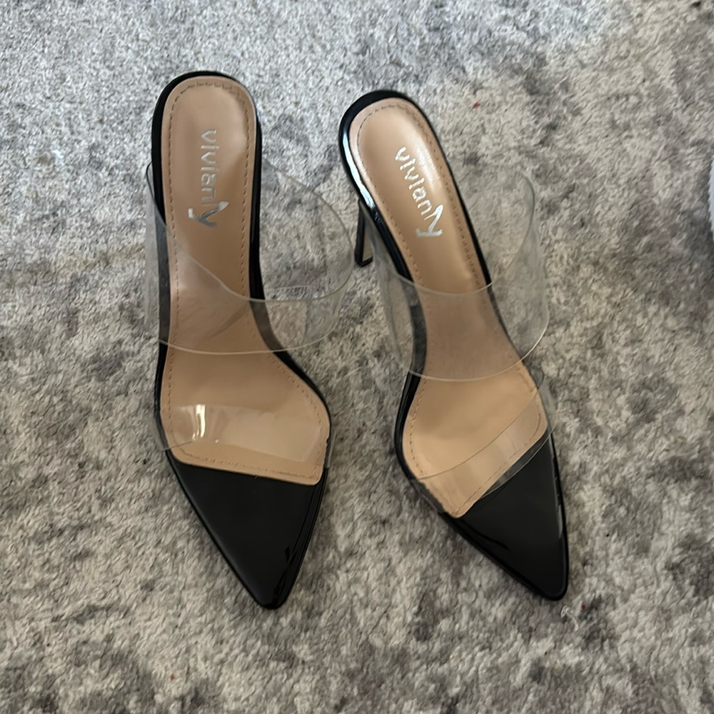 Vivian 4 inch black heels with clear straps